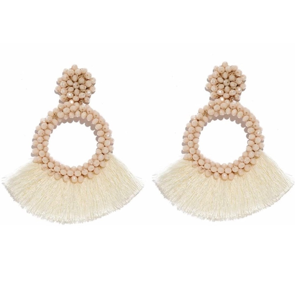 Beige beaded fan fringe tassel earrings